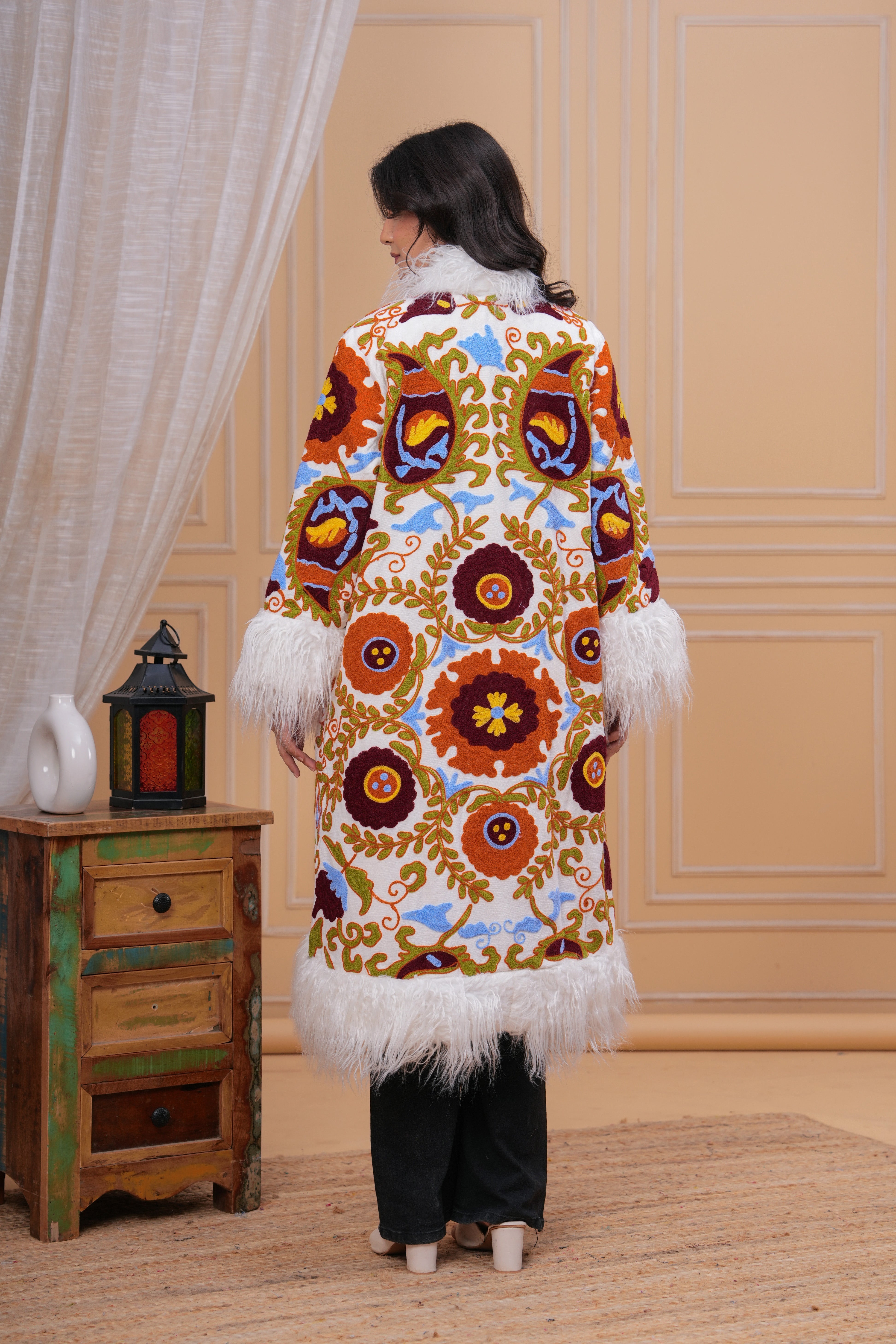 Handmade Sujani Embroidered Jacket with Fur - Floral Festival Coat