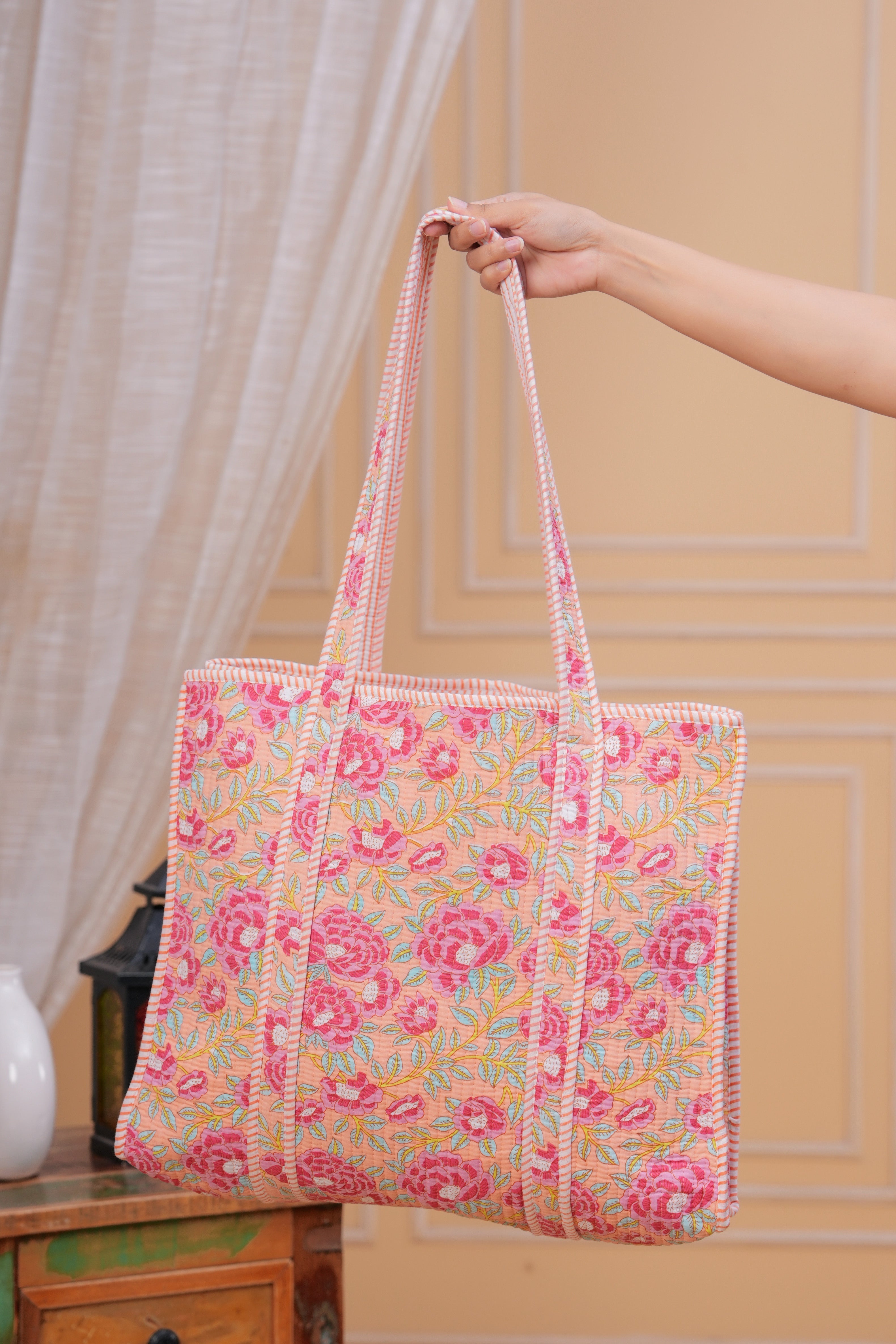 Handmade floral print Pink tote bag