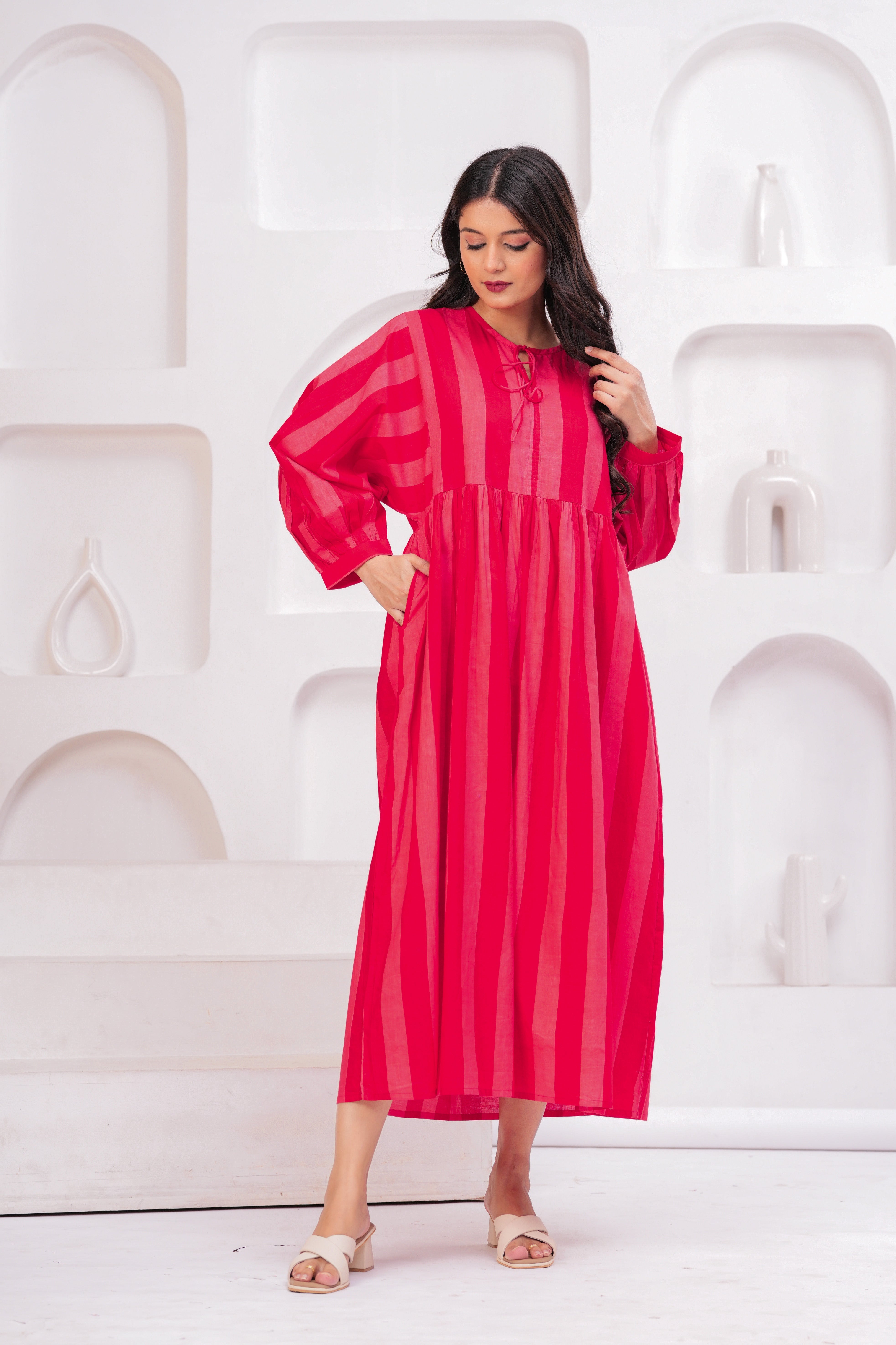 Pink Long Cotton Gown With Heavy Flair
