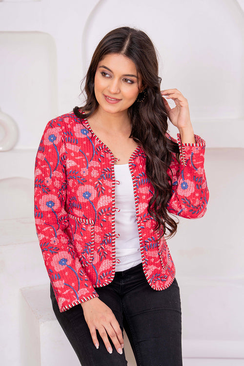 Handmade Red Cotton Quilted Floral Jacket Print Cotton
