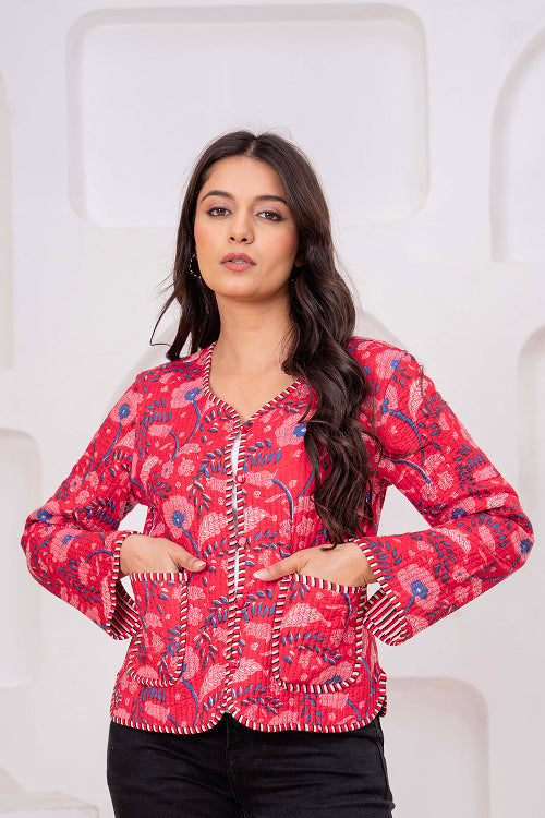 Handmade Red Cotton Quilted Floral Jacket Print Cotton