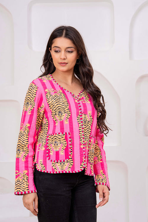 Pink Cotton Reversible Light Weight Quilted Short Jacket